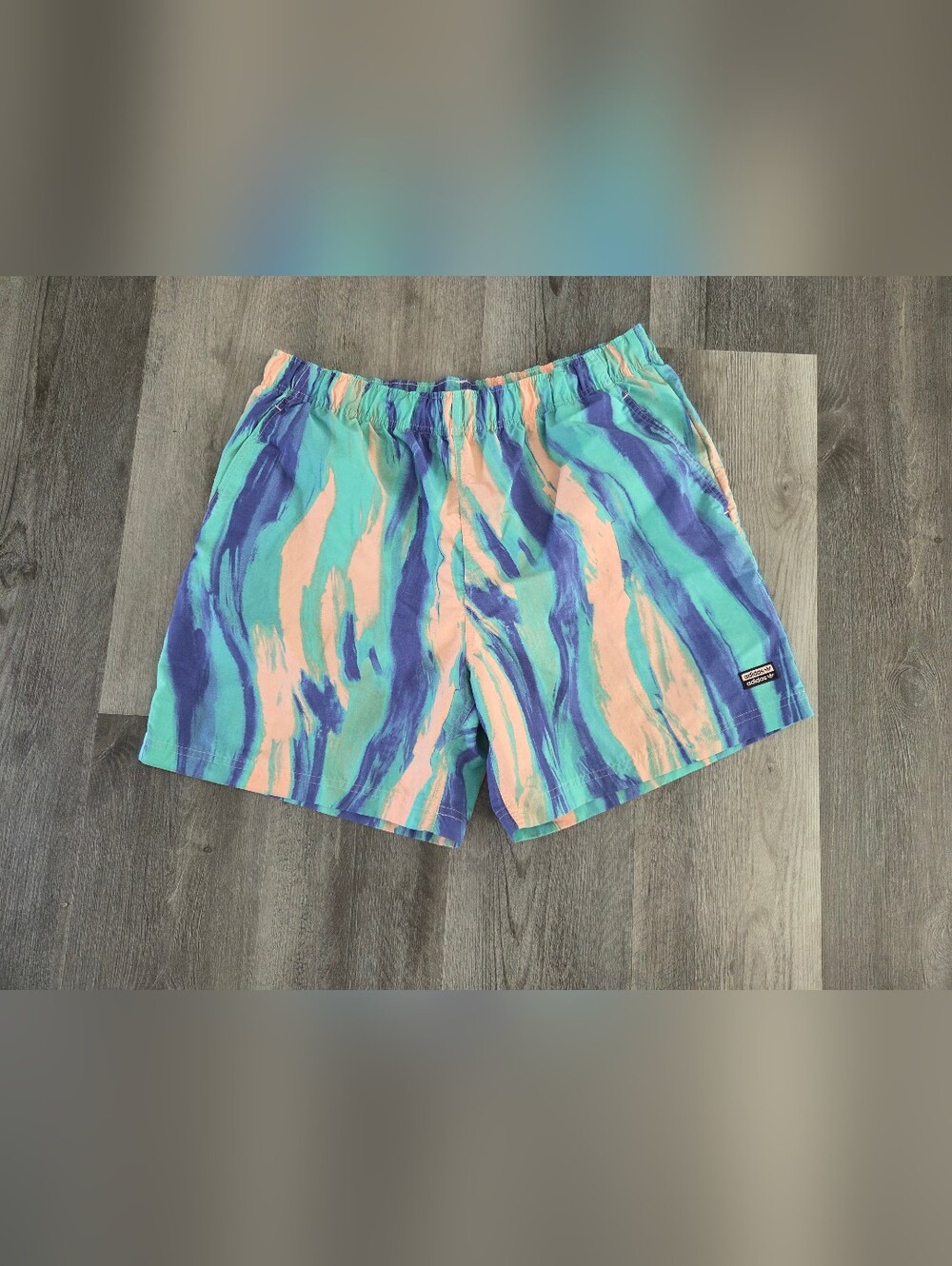 Adidas AOP Swim Trunks Pac Sun Mens Pink Teal Drawstring Pockets Sz. XL